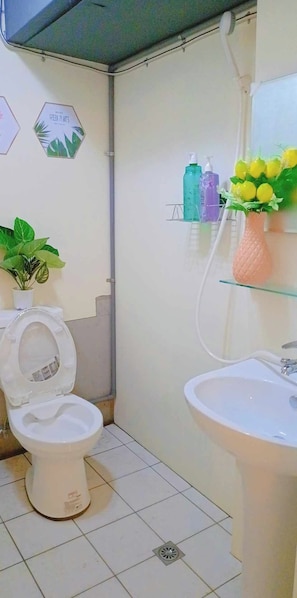 Casa de banho com sanita, lavatório e chuveiro. Há plantas e artigos de higiene pessoal nas prateleiras.