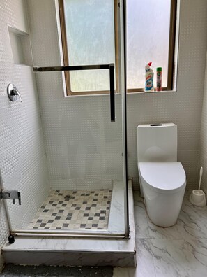 Une salle de bain avec une douche, des toilettes et une fenêtre. Des produits de nettoyage sont posés sur le rebord de la fenêtre.