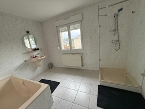 Hair dryer, towels, soap, toilet paper