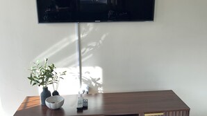 Et moderne tv-møbel med et fladskærms-tv monteret på væggen, et træskab med indbygget hylde, og en lille potteplante på skabets overflade.