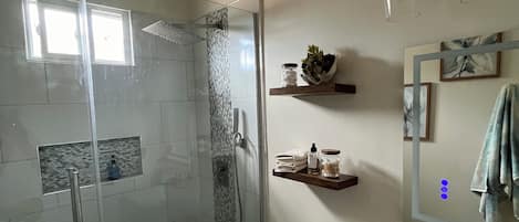 Shower, towels, toilet paper