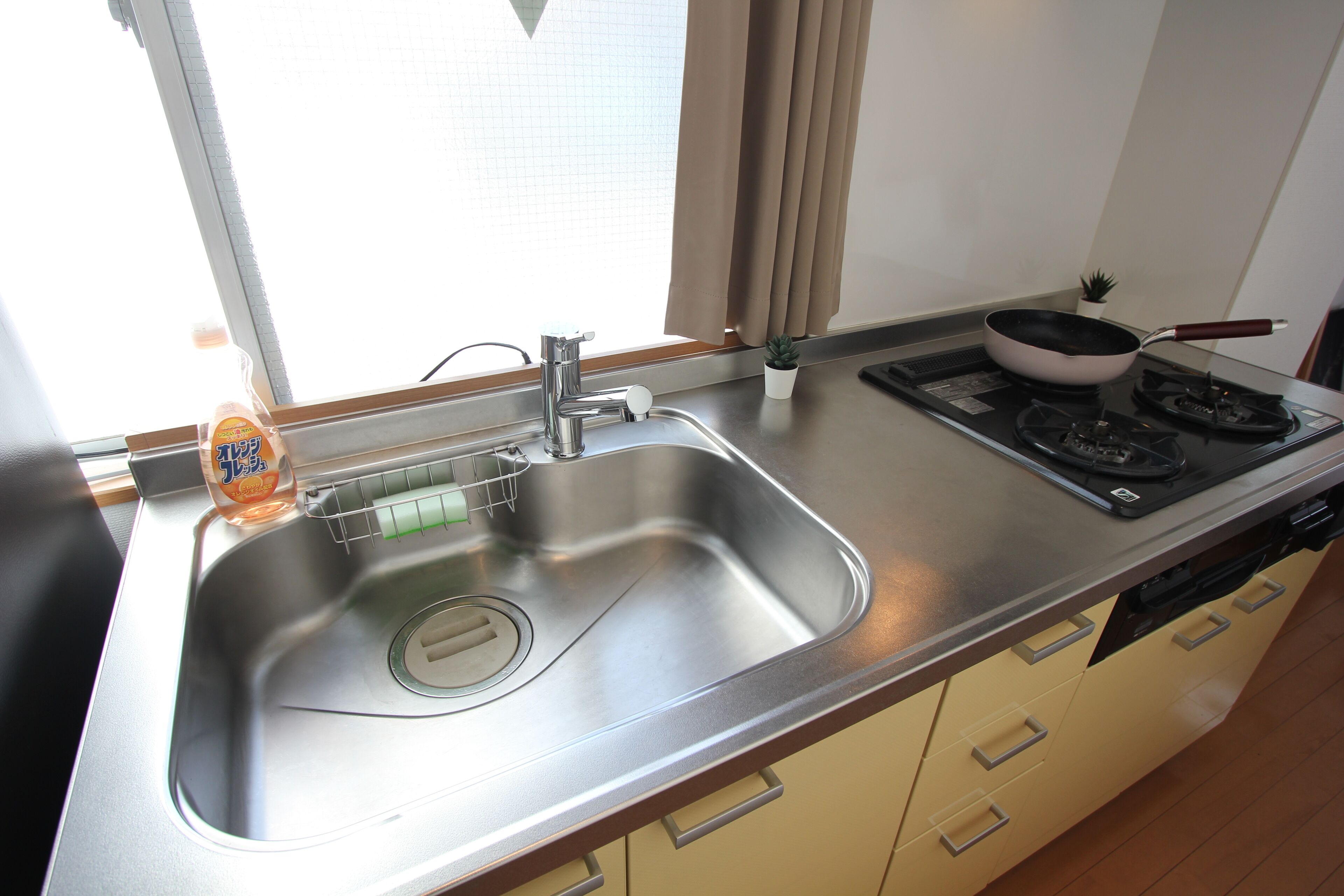 A kitchen with a stainless steel sink, a stove, and a small potted plant.
