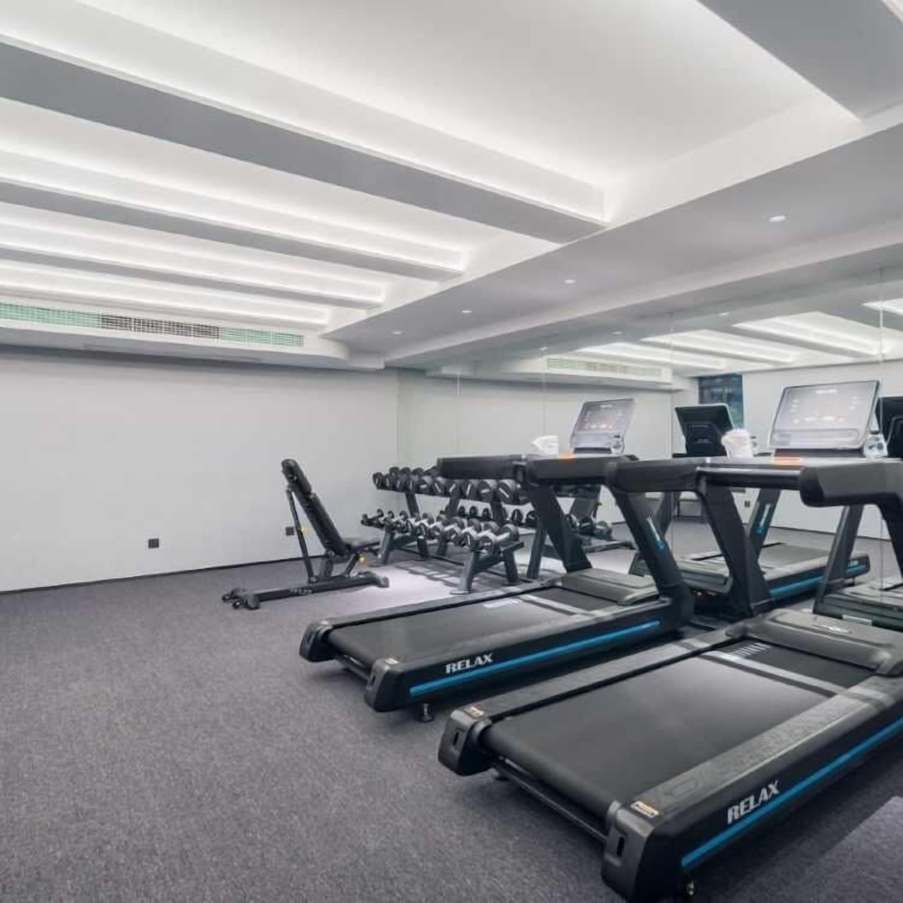 A gym with treadmills, dumbbells, and weight machines.