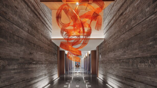 A corridor with brick walls, a polished floor, and a central light fixture. - UrCove By Hyatt Nanjing Zhongshanling Resort (Nanjing)