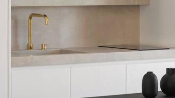 Penthouse Residence | Private kitchen | Espresso maker, coffee/tea maker, mini-fridge, stovetop