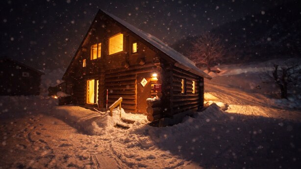 A wooden cabin with a snow-covered roof, a lit entrance, and a snow-covered ground. - Hirafu Cottage (Kutchan)