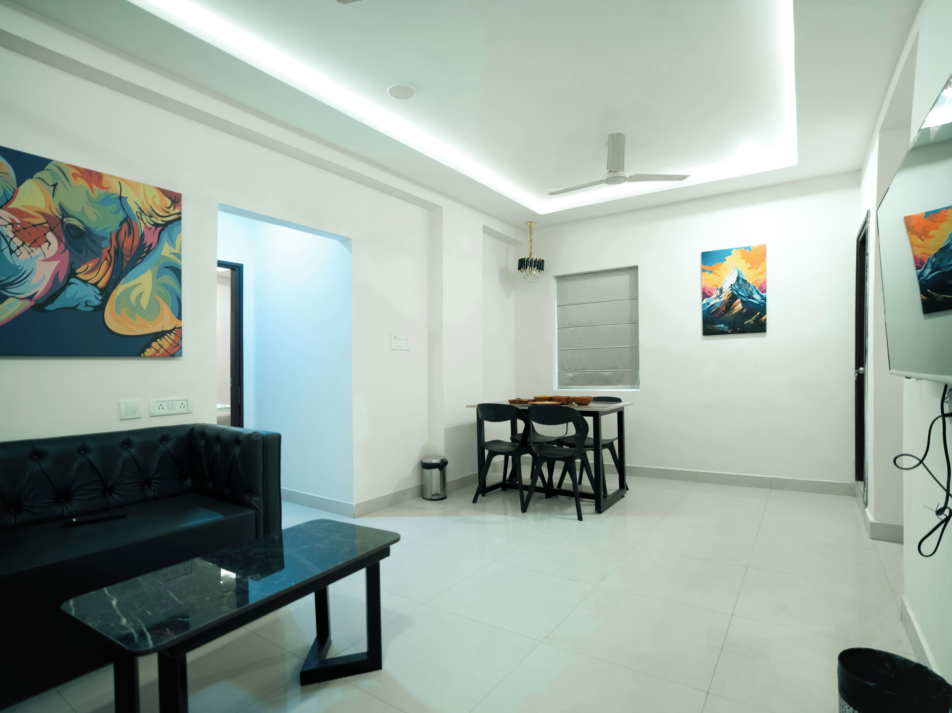 43-inch Smart TV with satellite channels, fireplace, pay movies