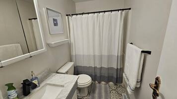 Hair dryer, towels, soap, shampoo