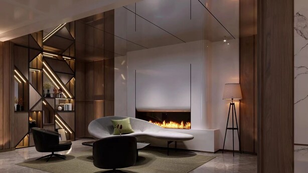 A modern living room with a fireplace, a curved sofa, a floor lamp, and a geometric shelving unit. - UrCove by Hyatt Lanzhou Xiguan Cross Zhongshan Bridge (Lanzhou)