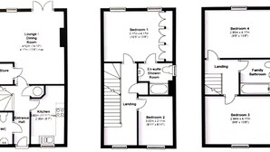 Tres planos de planta de un hotel con sala de estar/comedor, cocina, baño y cuarto de baño privado.