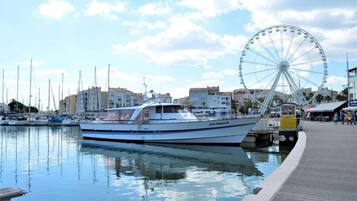 A marina with boats docked, a Ferris wheel, and a boardwalk with people walking.