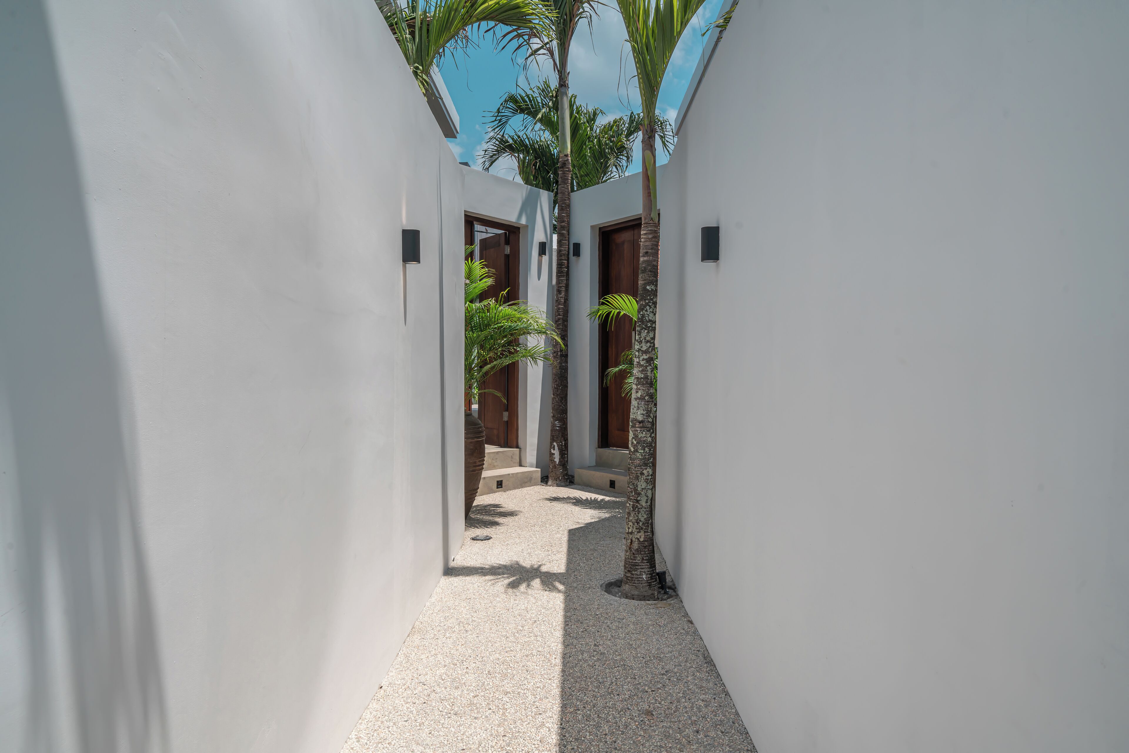 A narrow, white-walled corridor with a gravel path, palm trees, and wooden doors.