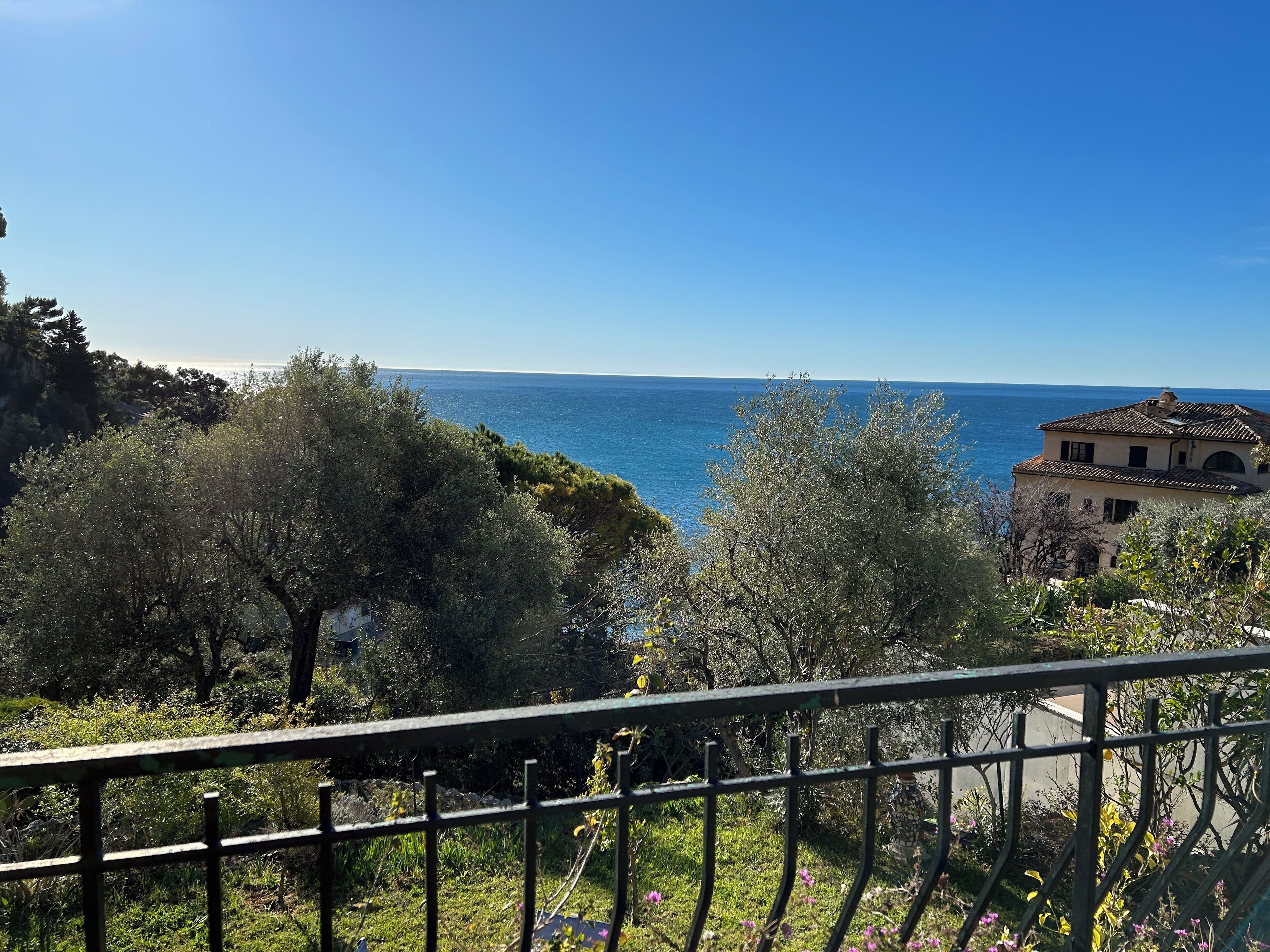 Une vue sur la côte, avec une maison et des arbres au premier plan, et la mer en arrière-plan.