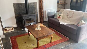 TV, caminetto, libri