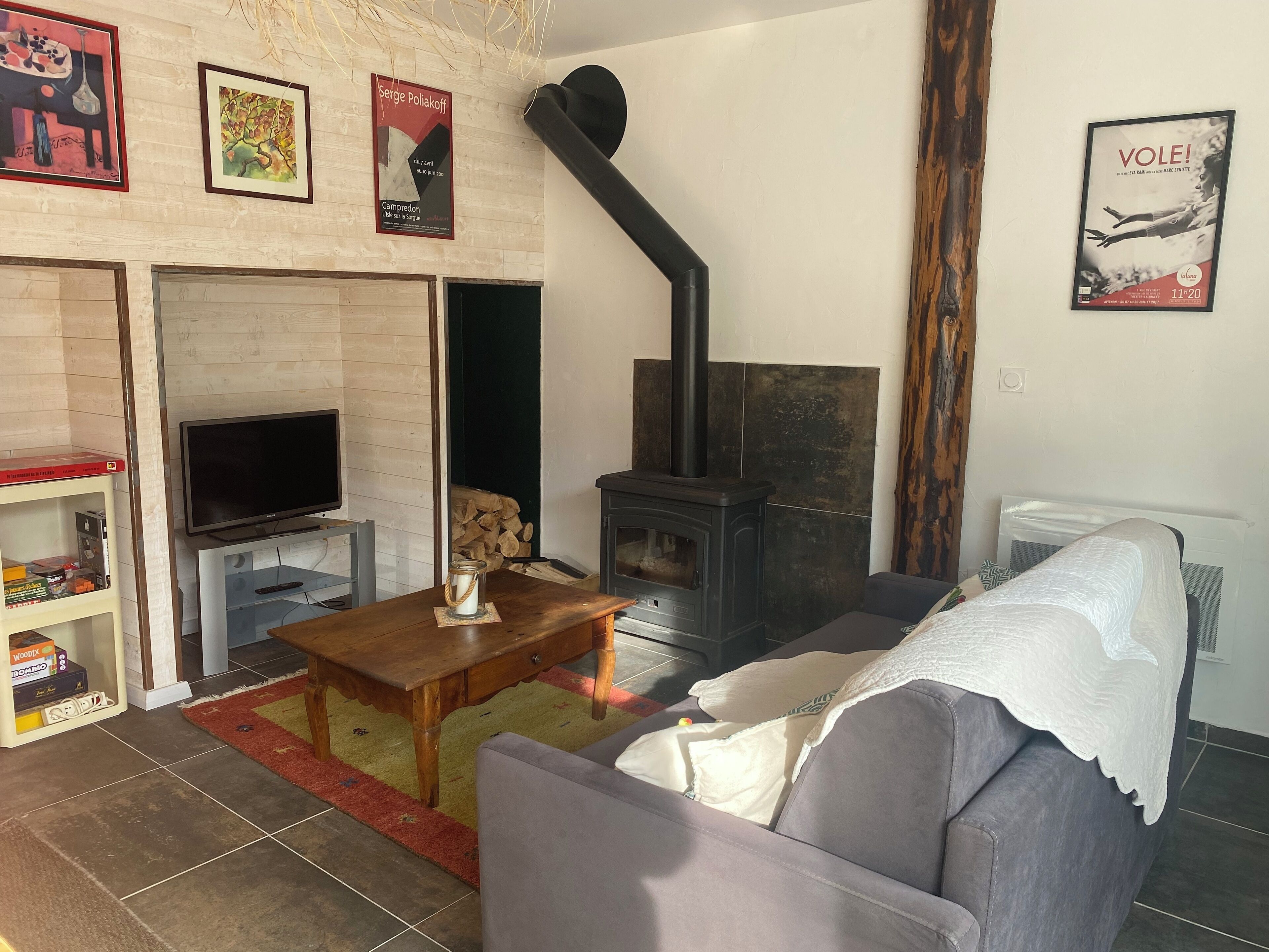 Televisie, een open haard en boeken