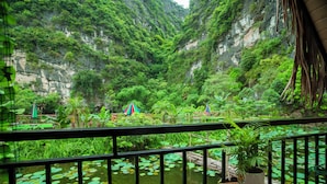 Un balcón con vistas a un jardín exuberante y un estanque con nenúfares.