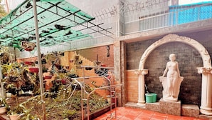 Une cour avec un sol carrelé, une structure surmontée d’un toit végétalisé, des plantes en pot, une statue et une clôture en métal.