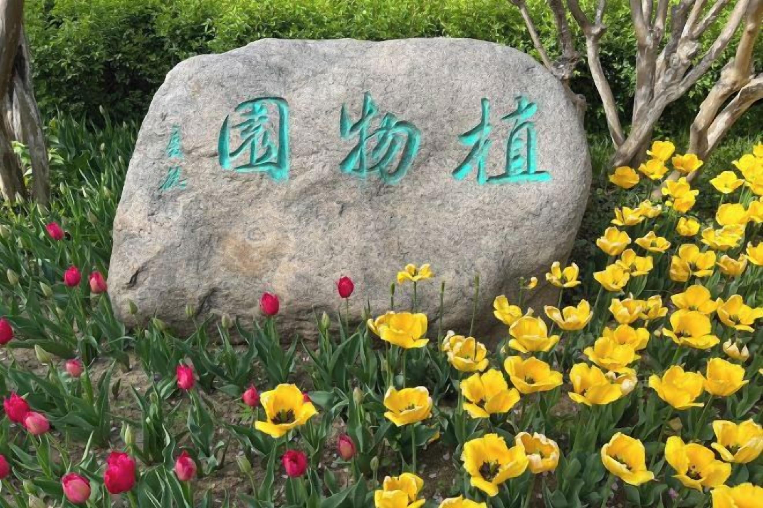 A stone with inscriptions surrounded by yellow and red flowers.