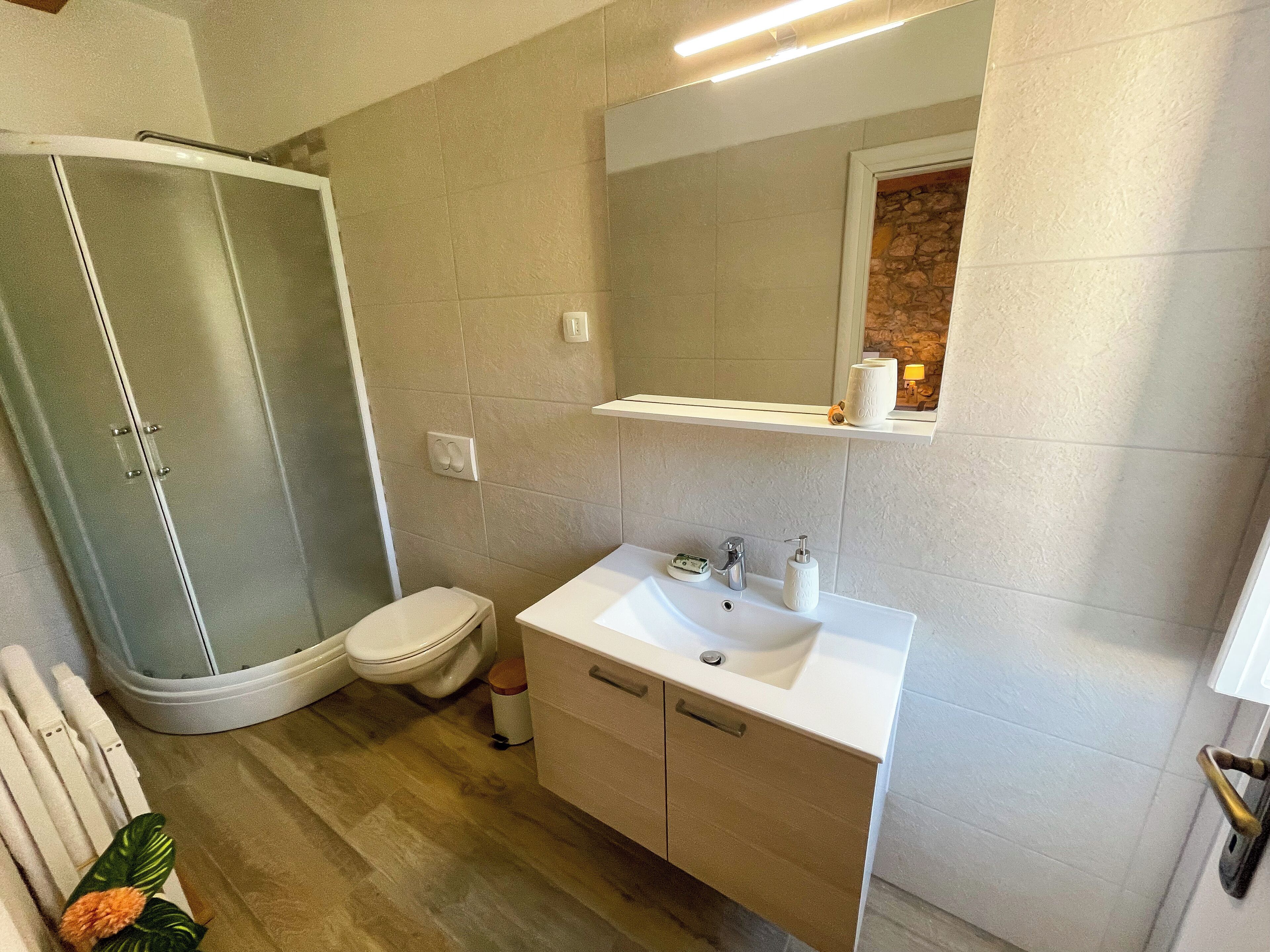 A bathroom with a shower, toilet, sink, and vanity.