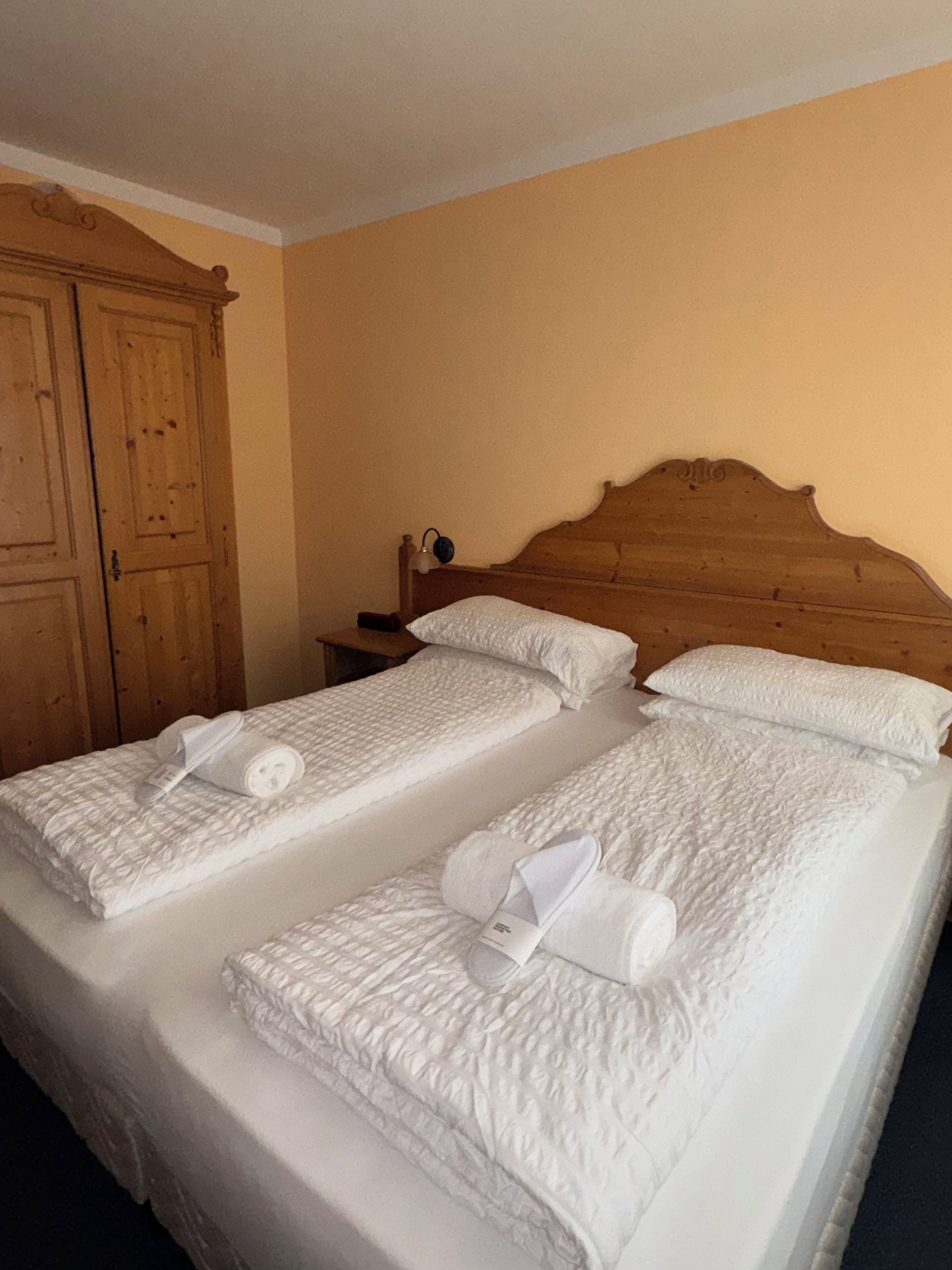 A hotel room with two beds, wooden headboards, and a wardrobe.