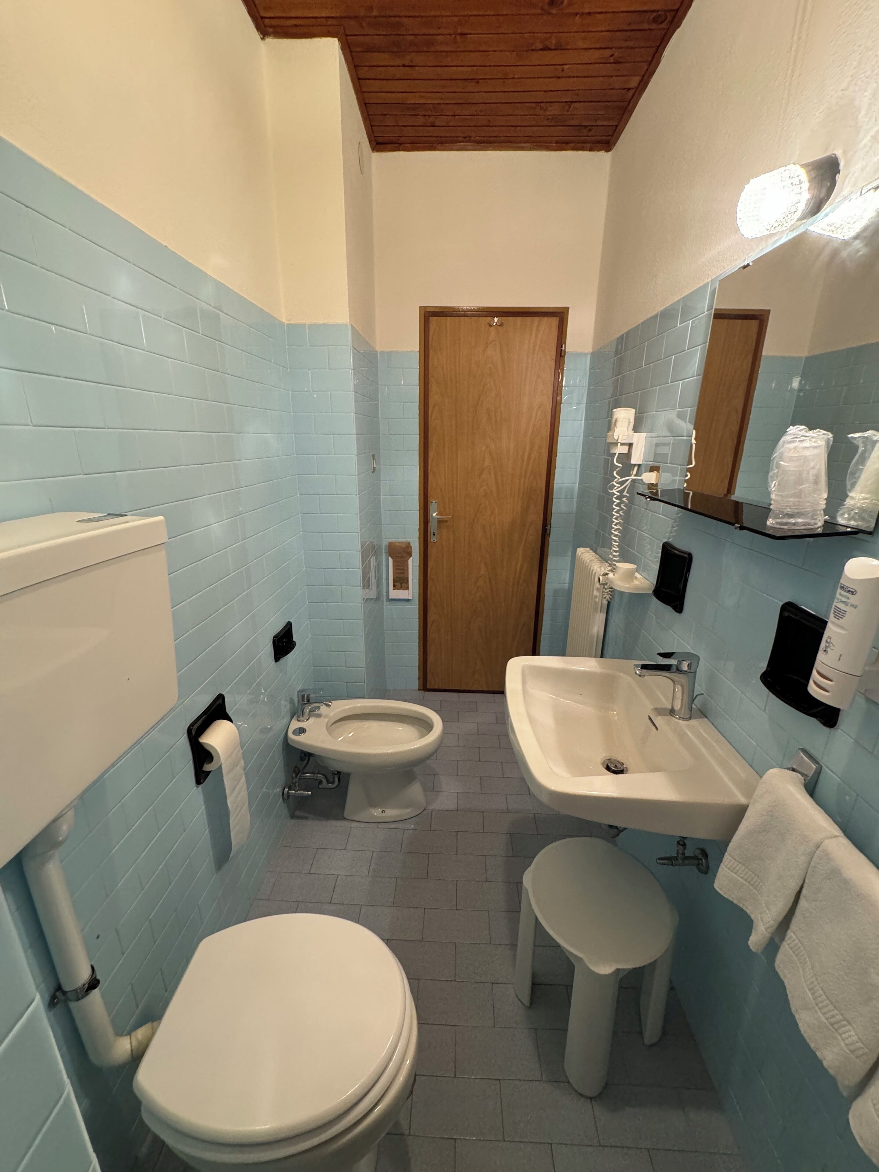 A bathroom with a toilet, bidet, sink, and a wooden door.