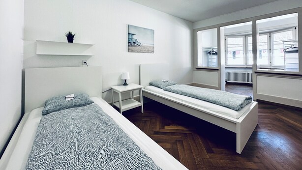 A room with two single beds, a small table with a lamp, a shelf with a plant, and a picture on the wall. - ZIMMERzuVERMIETEN.ch Balsthal (Balsthal)