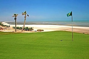 Un terrain de golf avec un drapeau, des palmiers et une plage en arrière-plan.