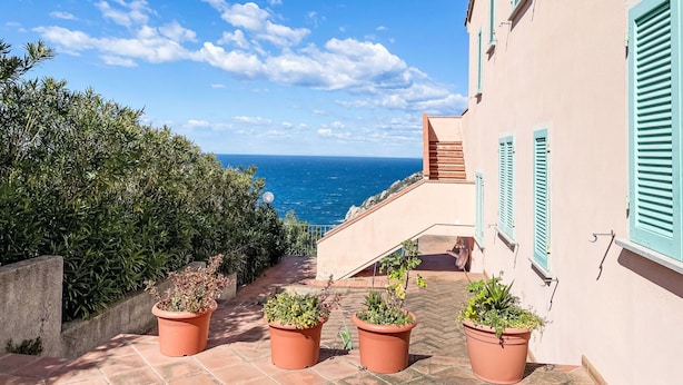 Un étroit sentier mène à un bâtiment d’où l’on peut admirer la mer, et qui est entouré de plantes en pot.