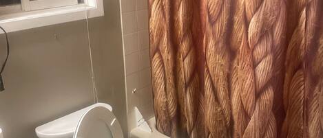 Hair dryer, towels, soap, toilet paper