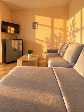A modern living room with a sofa, a coffee table, and a television. - Apartment Bodulo 2 (Povljana)