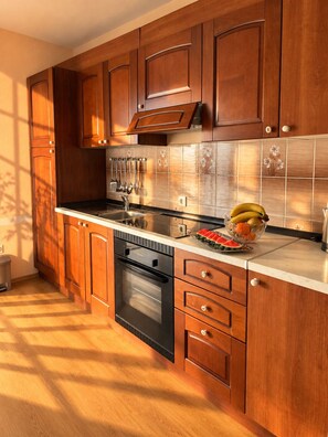 A kitchen with wooden cabinets, a stainless steel sink, and a built-in oven. - Apartment Bodulo 2 (Povljana)