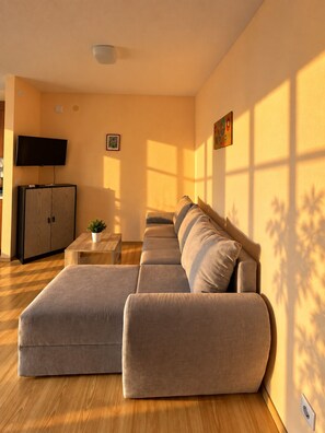 A modern living room with a sectional sofa, a flat-screen TV, and a wooden cabinet.