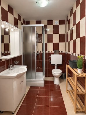 A bathroom with a shower, toilet, sink, and a mirror.