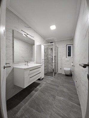 Shower, hair dryer, towels