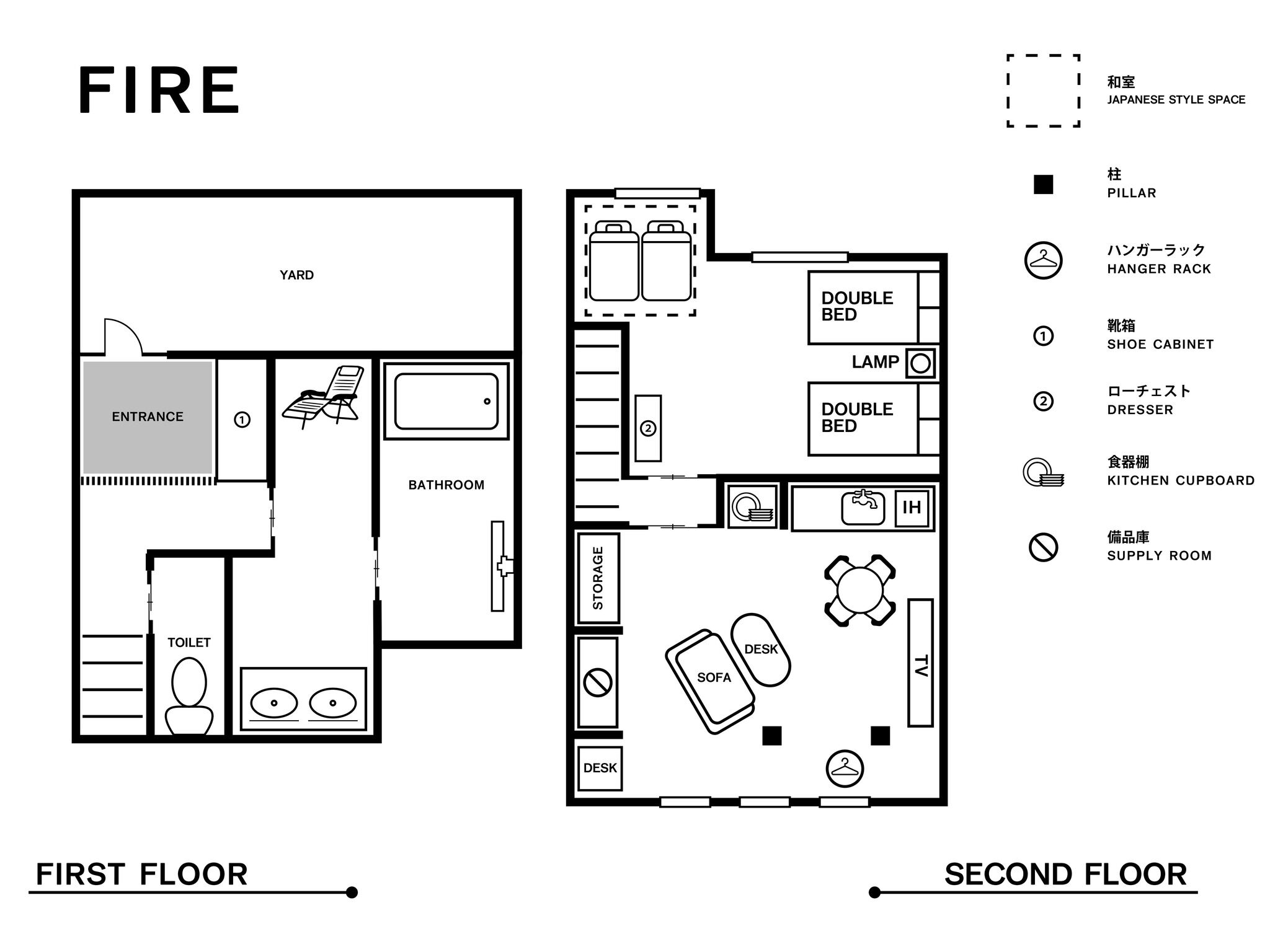 A hotel floor plan with a first floor and a second floor. The first floor includes an entrance, a bathroom, a toilet, and a yard. The second floor has a double bed, a lamp, a double bed, a kitchen cupboard, a storage area, a desk, a sofa, and a hanger rack.