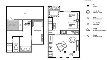 A hotel floor plan with a first floor and a second floor. The first floor includes an entrance, a bathroom, a toilet, and a yard. The second floor has a double bed, a lamp, a double bed, a kitchen cupboard, a storage area, a desk, a sofa, and a hanger rack.