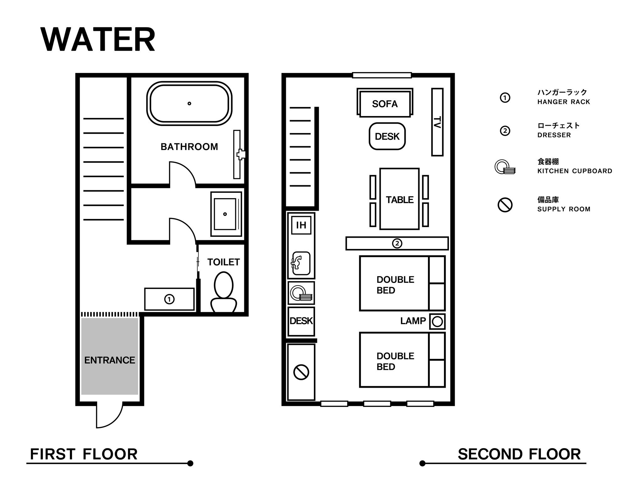 A hotel floor plan with a bathroom, toilet, double bed, desk, sofa, and kitchen area.