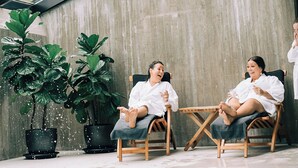 A poolside area with two lounge chairs, a concrete wall, and potted plants. - Kiviks Hotell Konferens och Spa (Kivik)