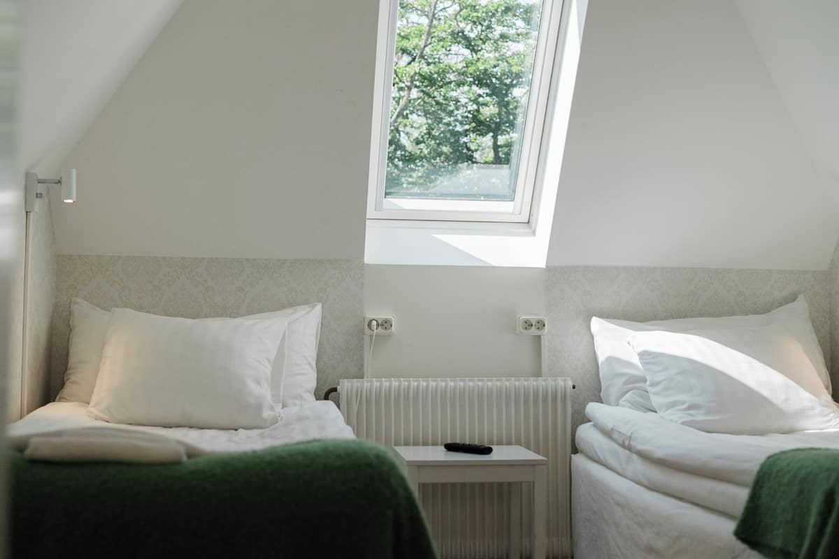 A bedroom with two beds, a window, and a radiator.