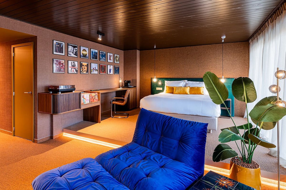 A hotel room with a bed, a desk, a chair, a blue sofa, and a large plant.