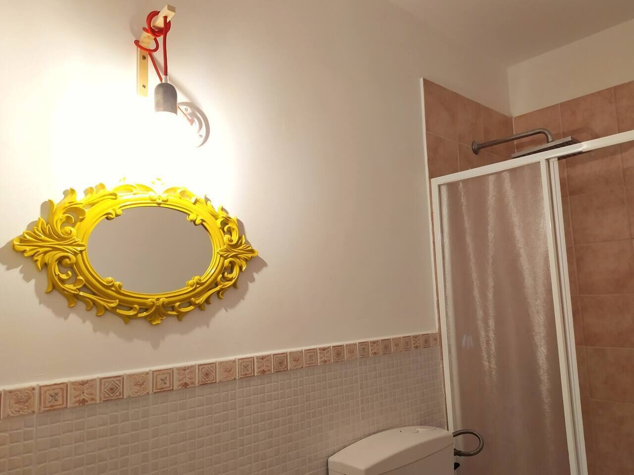 A bathroom with a decorative golden mirror, a shower enclosure, and a toilet.