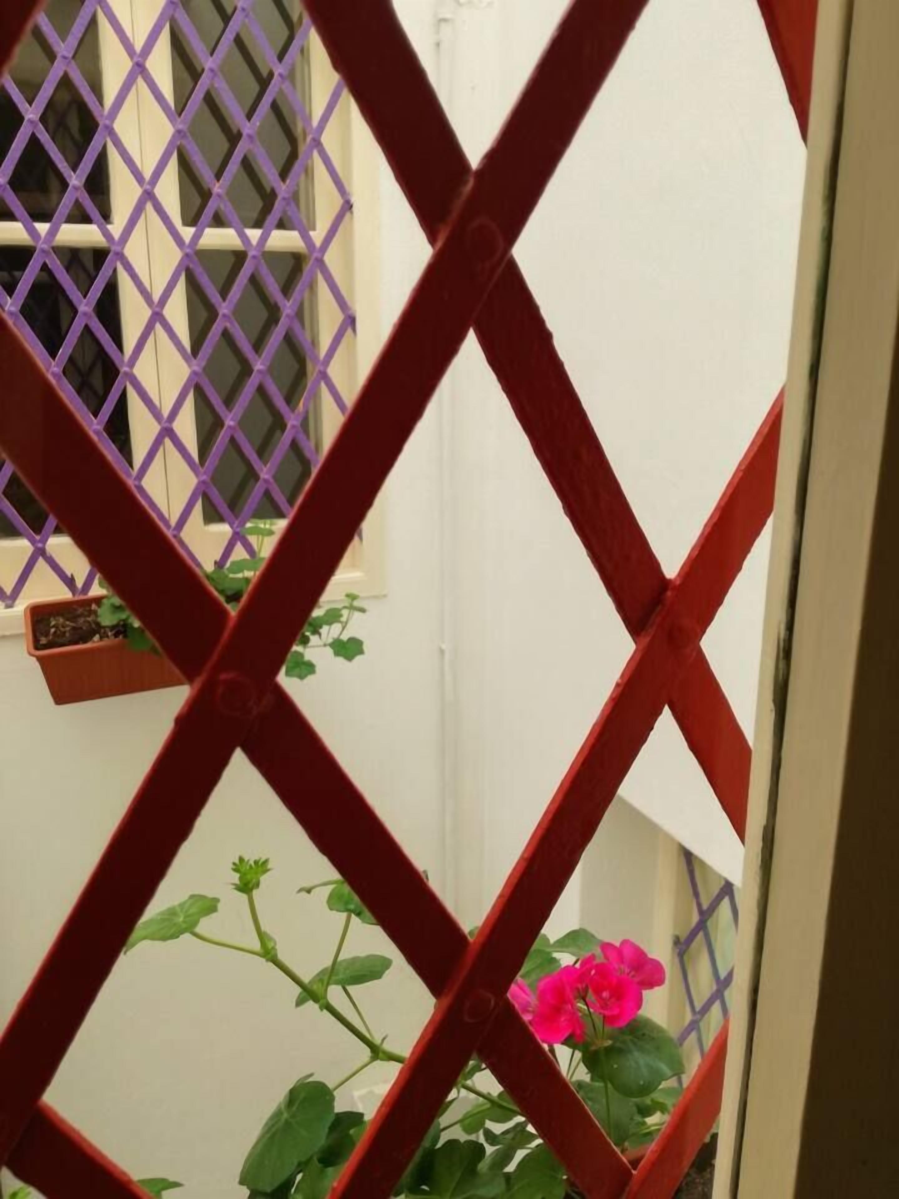 Uitzicht door een rood lattenhek met een raam en bloempotten.