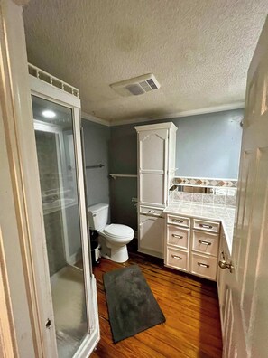 Ein Badezimmer mit Toilette, Dusche und Waschtisch mit Schubladen.