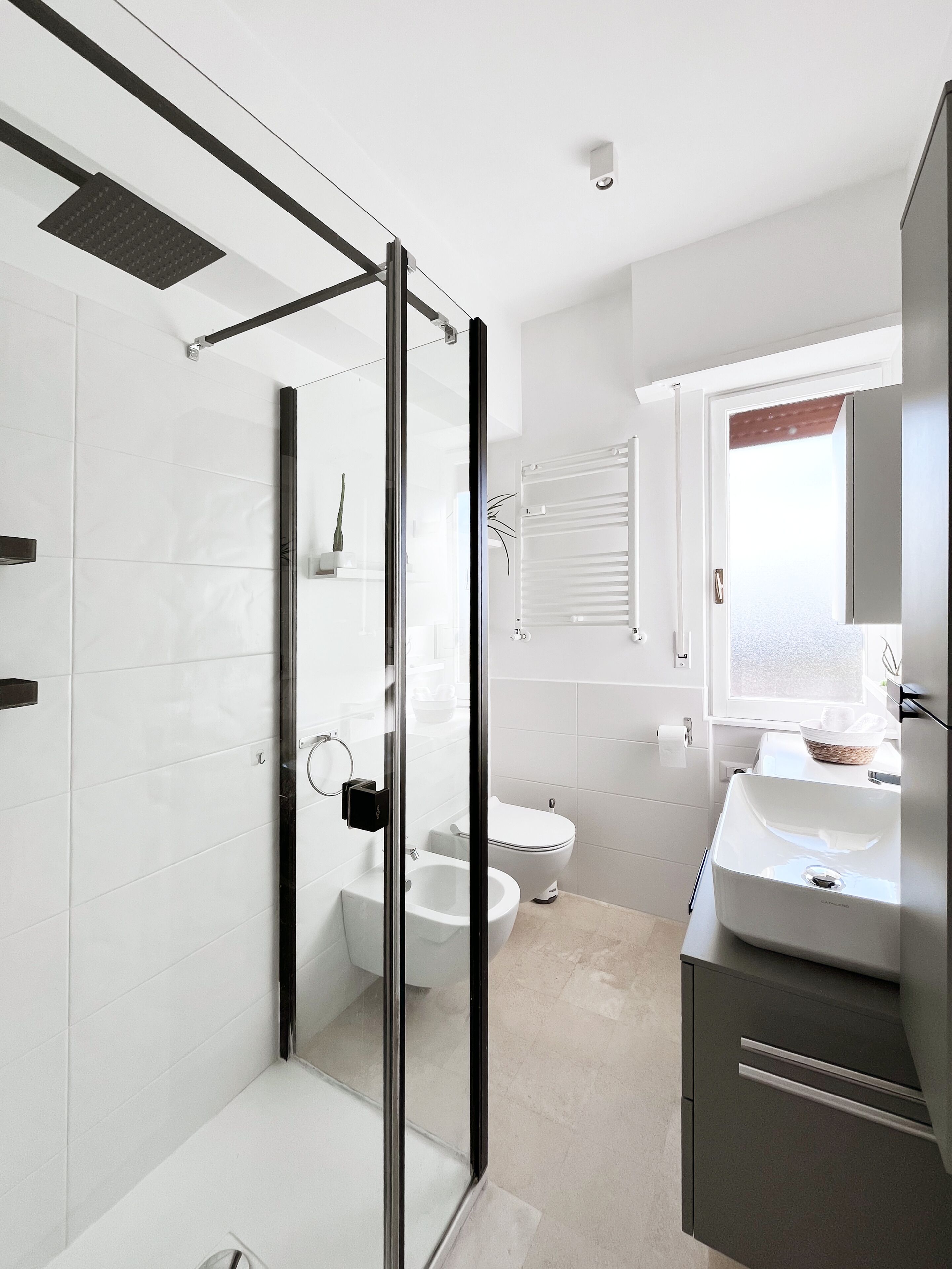 A modern bathroom with a glass shower enclosure, a white toilet, and a vanity with a sink.