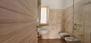 Shower, hair dryer, bidet, towels