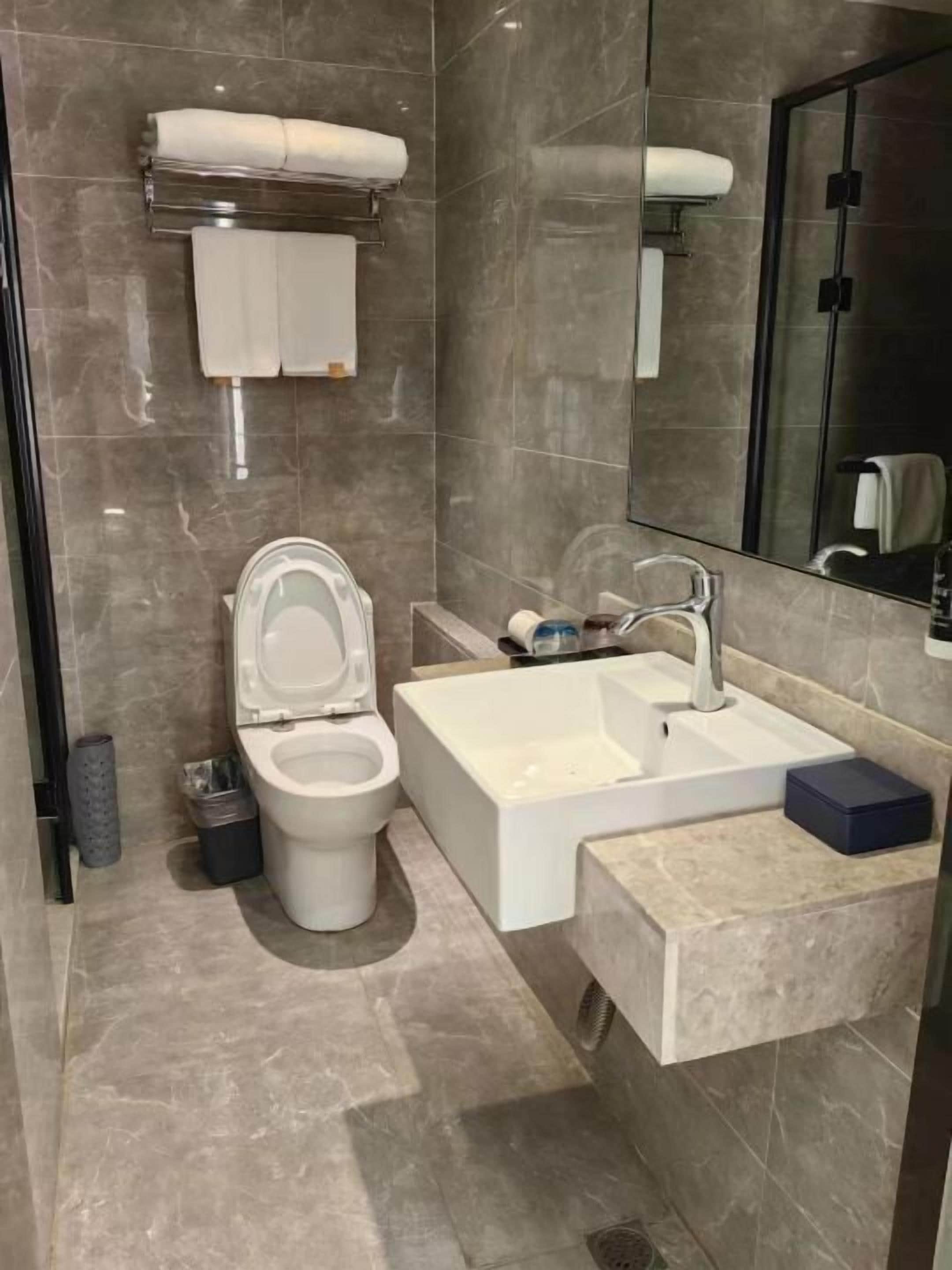 A modern bathroom with a toilet, sink, and mirror.