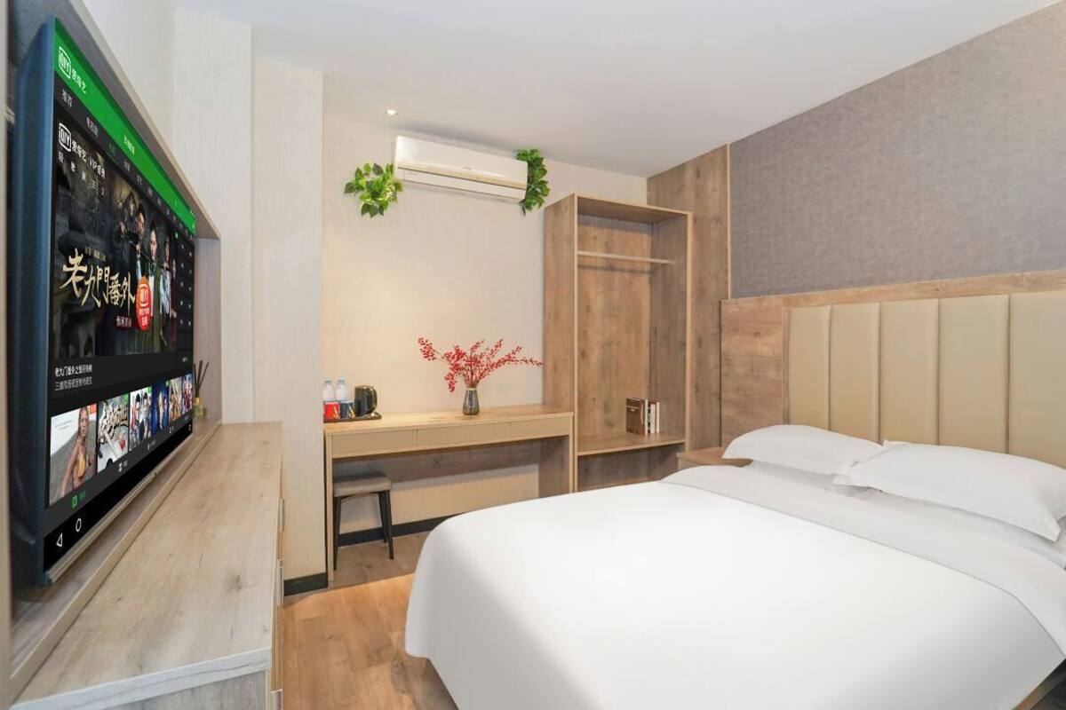 Habitación de hotel moderna con una cama grande, un escritorio con televisor de pantalla plana, un armario y una pequeña planta.