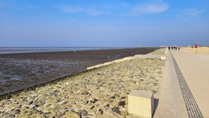 Una passeggiata costiera con un litorale roccioso, cielo sereno e vista aperta sul mare.