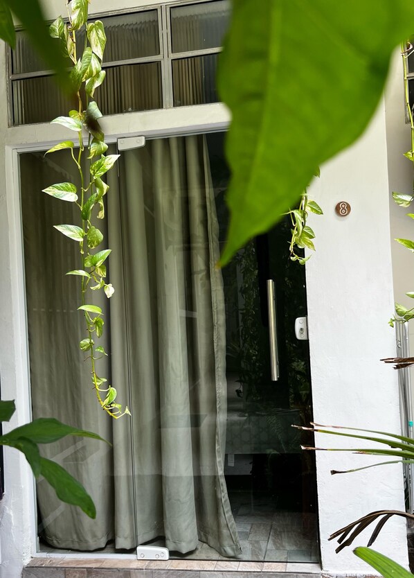 A view of a building entrance with a green curtain, a doorbell, and a potted plant with green leaves. - Pousada Ventos do Norte - Morro de São Paulo (Morro de São Paulo)