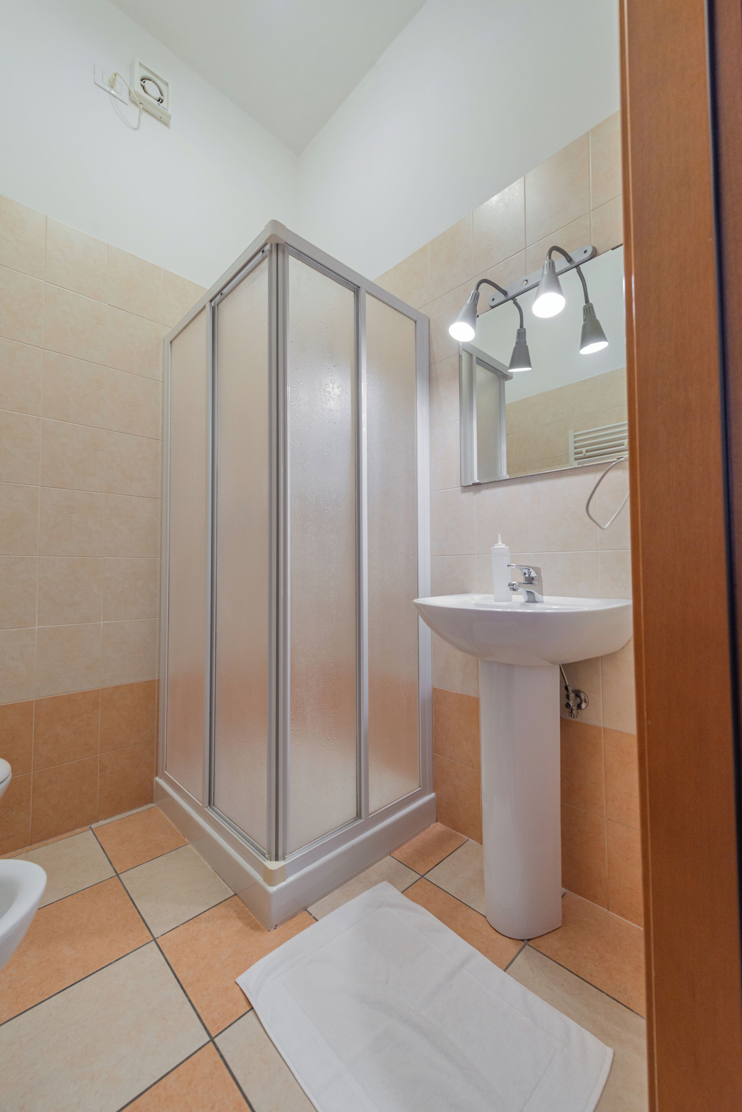 Une salle de bain avec une douche, un lavabo et un miroir.